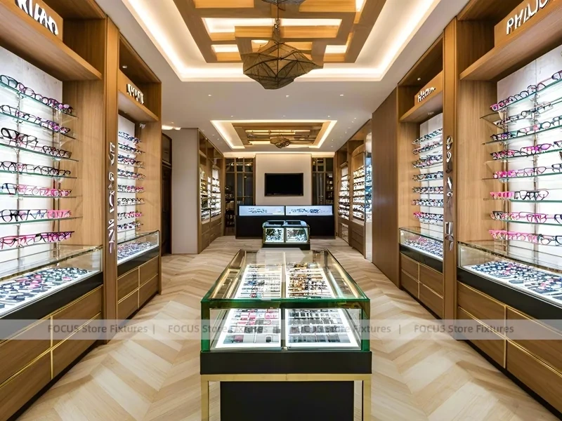 Classic Oak Eyewear Showcase Room with Square Glass Counter
