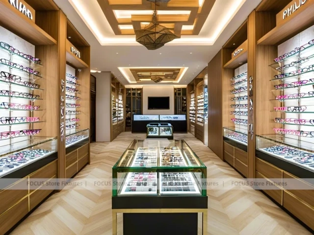Classic Oak Eyewear Showcase Room with Square Glass Counter