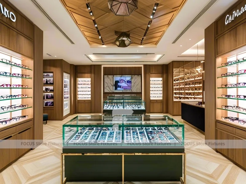 Classic Oak Eyewear Showcase Room with Square Glass Counter