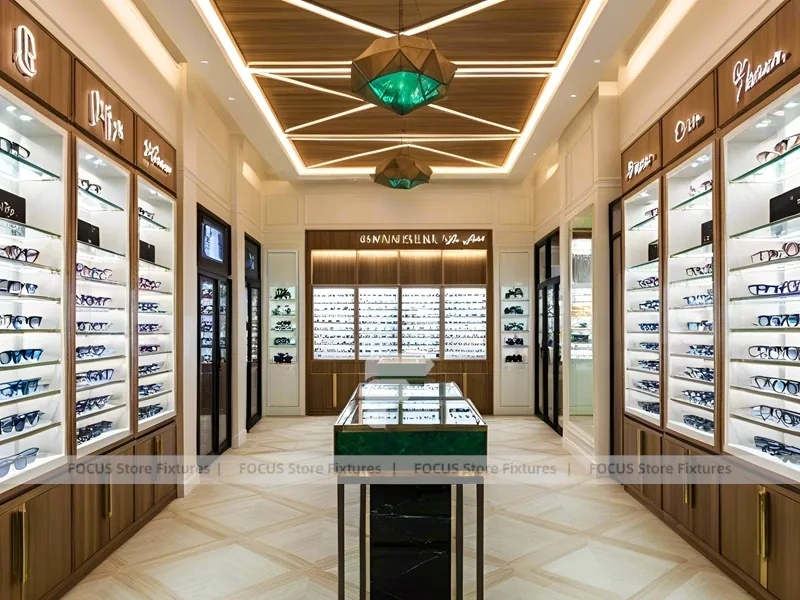 Classic Oak Eyewear Showcase Room with Square Glass Counter