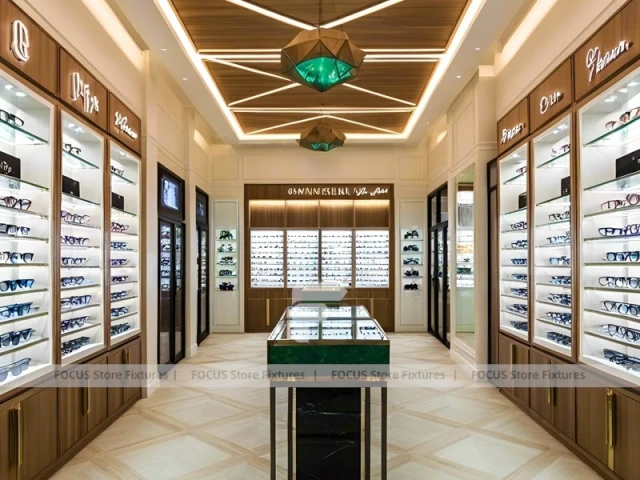 Classic Oak Eyewear Showcase Room with Square Glass Counter