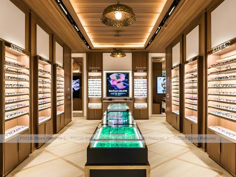 Classic Oak Vision Boutique Corridor with Square Glass Counter