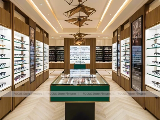 Classic Oak Vision Boutique Corridor with Square Glass Counter