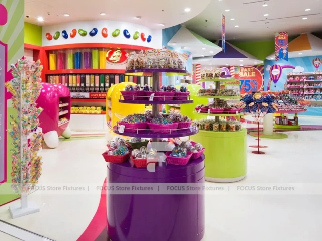 Color Burst Confectionery Boutique Layout with Rainbow Aisle Shelving