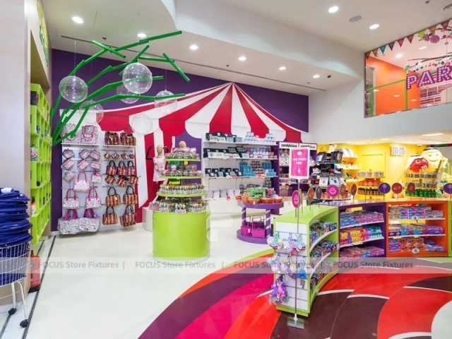 Color Burst Confectionery Boutique Layout with Rainbow Aisle Shelving