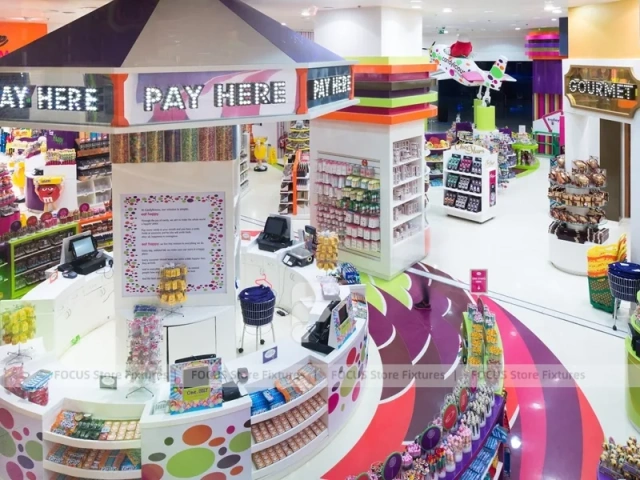 Color Burst Confectionery Boutique Layout with Rainbow Aisle Shelving
