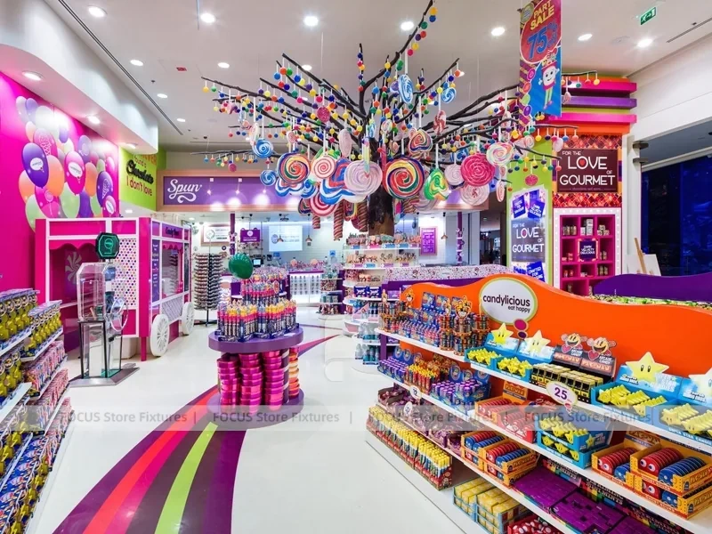 Color Burst Confectionery Boutique Layout with Rainbow Aisle Shelving