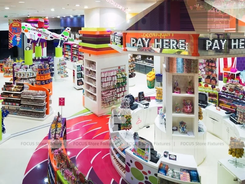 Color Burst Confectionery Boutique Layout with Rainbow Aisle Shelving