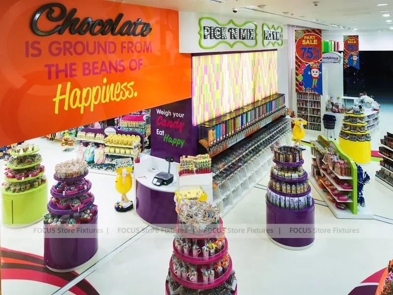 Color Burst Confectionery Boutique Layout with Rainbow Aisle Shelving