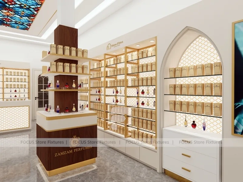 Cream Perfume Boutique With Center Pedestal Tower