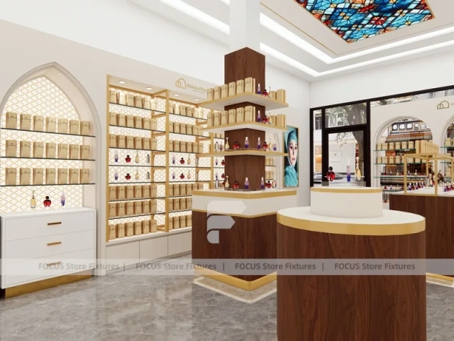 Cream Perfume Boutique With Center Pedestal Tower