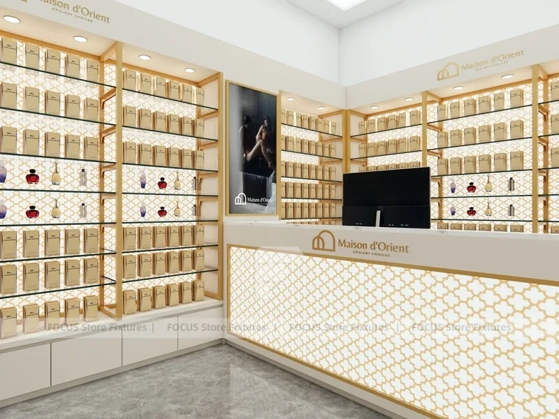Cream Perfume Boutique With Center Pedestal Tower