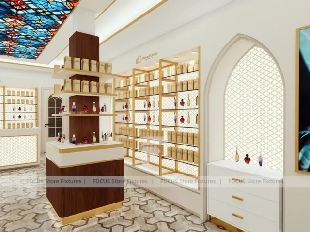 Cream Perfume Corner Boutique With Center Display Pedestal