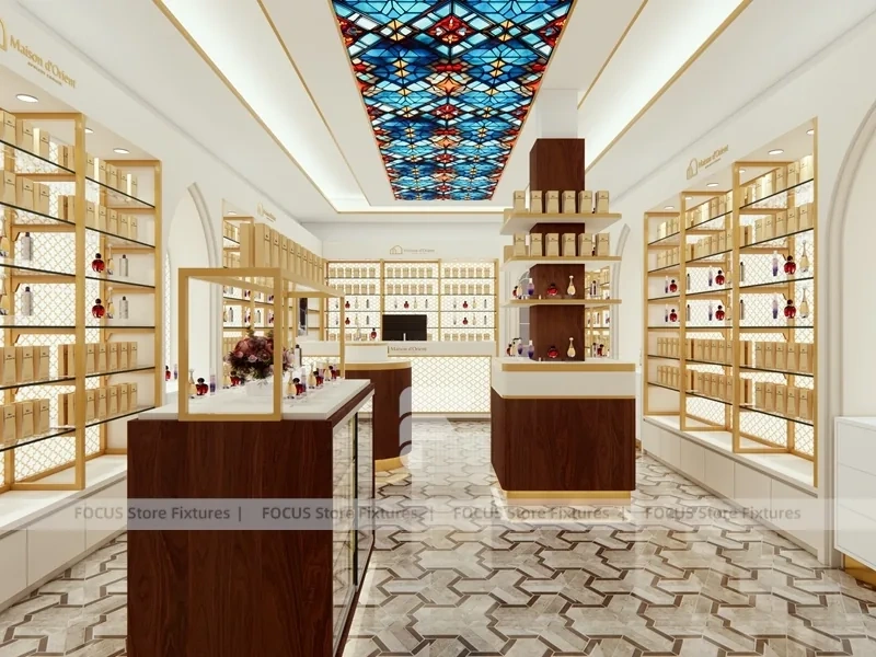Cream Perfume Corner Boutique With Center Display Pedestal