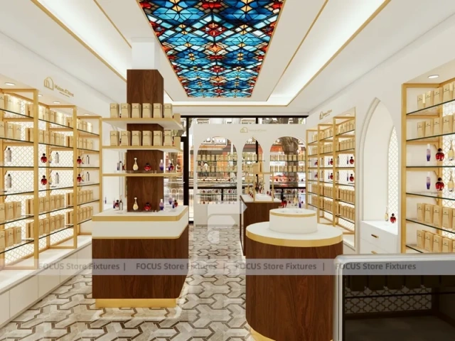 Cream Perfume Corner Boutique With Center Display Pedestal
