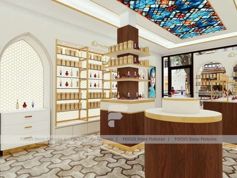Cream Perfume Corner Boutique With Center Display Pedestal