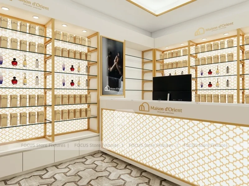 Cream Perfume Corner Boutique With Center Display Pedestal