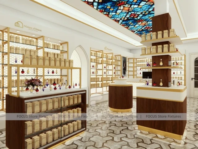 Cream Perfume Corner Boutique With Center Display Pedestal