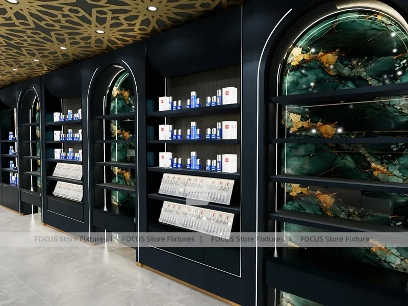 Dark Green Arched Perfume Wall Shelving
