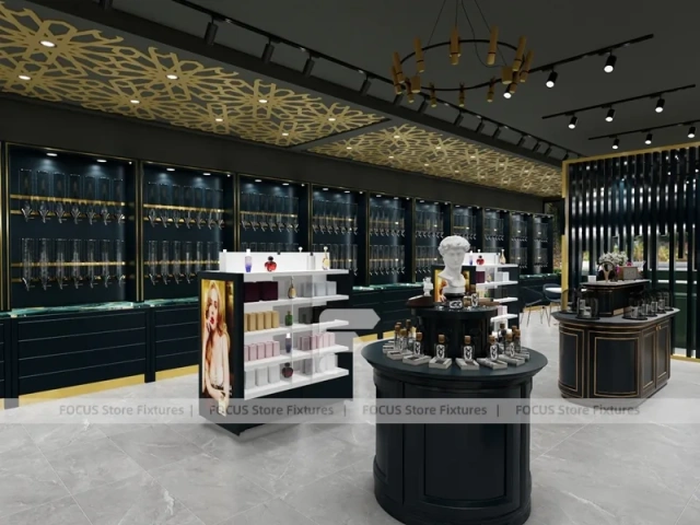 Dark Luxury Perfume Boutique With Round Tester Gondolas
