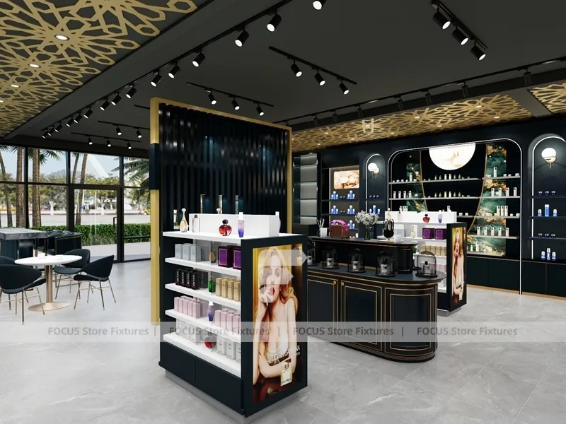 Dark Luxury Perfume Boutique With Round Tester Gondolas