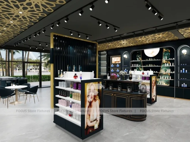 Dark Luxury Perfume Boutique With Round Tester Gondolas