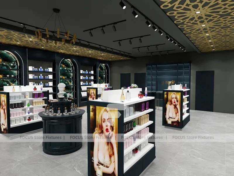 Dark Luxury Perfume Boutique With Round Tester Gondolas
