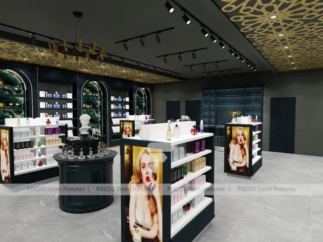 Dark Luxury Perfume Boutique With Round Tester Gondolas