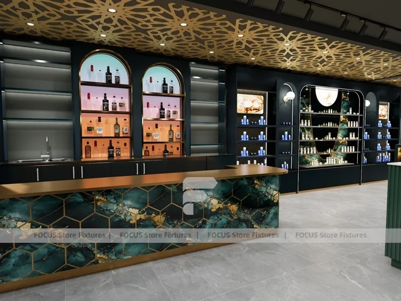 Dark Luxury Perfume Boutique With Round Tester Gondolas