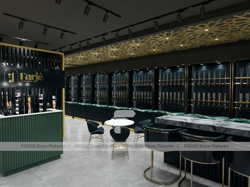 Dark Luxury Perfume Boutique With Round Tester Gondolas
