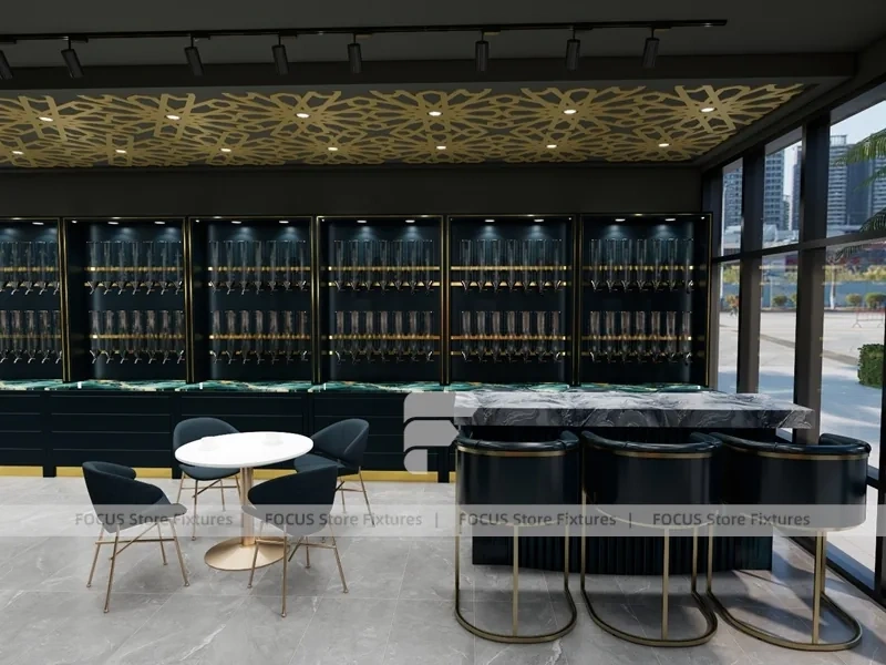 Dark Luxury Perfume Boutique With Round Tester Gondolas