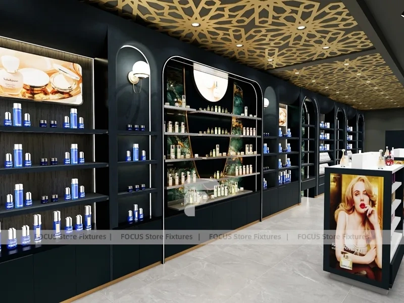 Dark Luxury Perfume Wall Display With Gold Ceiling Lattice