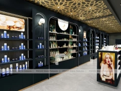 Dark Luxury Perfume Wall Display With Gold Ceiling Lattice