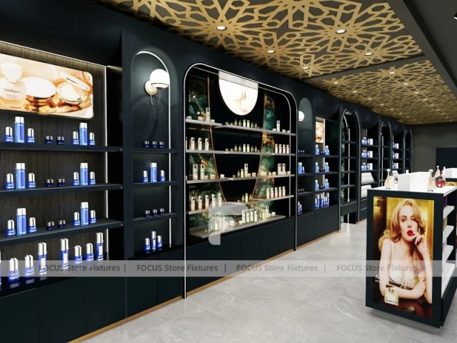 Dark Luxury Perfume Wall Display With Gold Ceiling Lattice