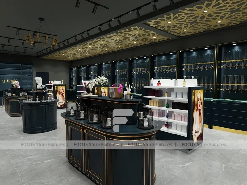 Dark Luxury Perfume Wall Display With Gold Ceiling Lattice
