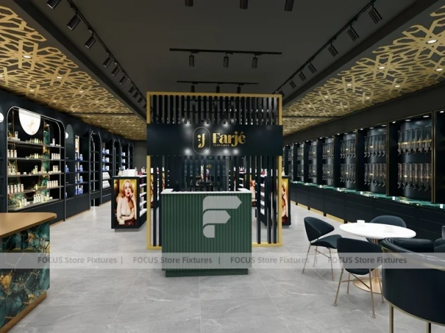 Dark Luxury Perfume Wall Display With Gold Ceiling Lattice