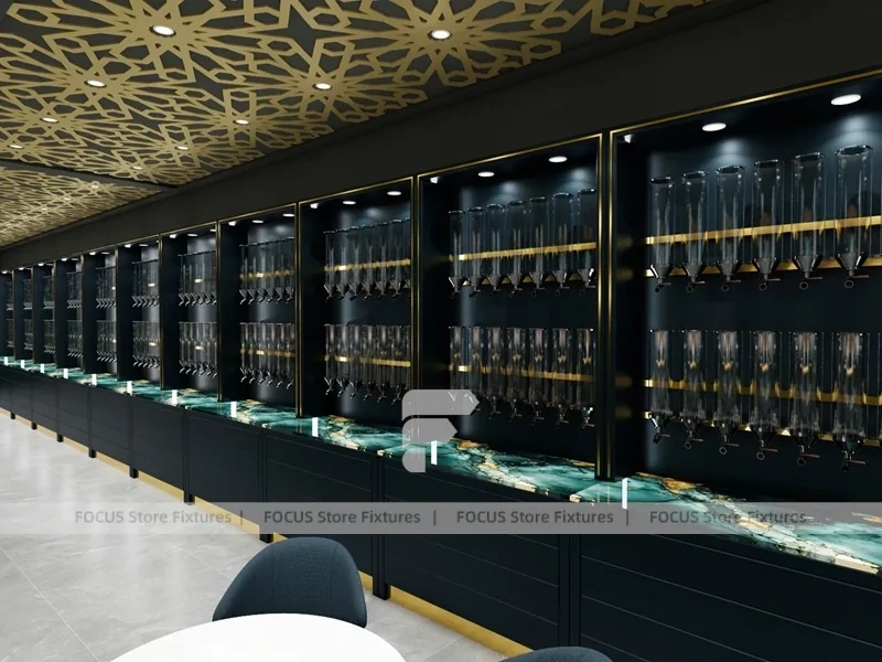 Dark Luxury Perfume Wall Display With Gold Ceiling Lattice