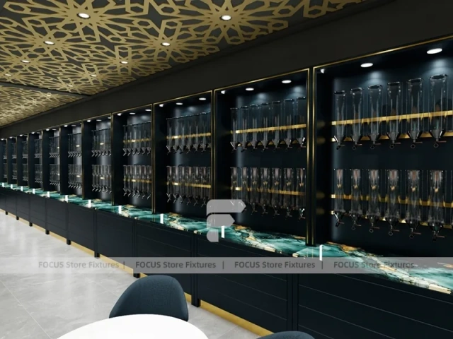 Dark Luxury Perfume Wall Display With Gold Ceiling Lattice