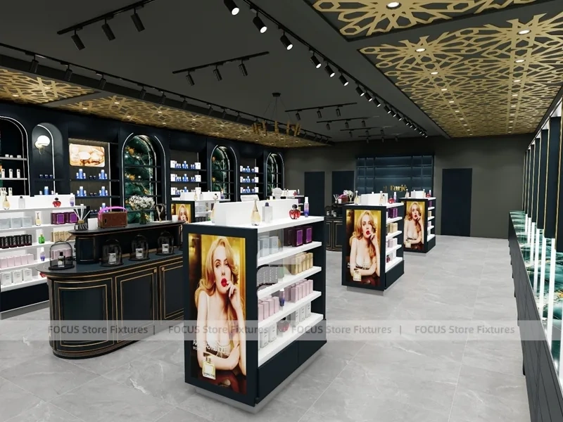 Dark Luxury Perfume Wall Display With Gold Ceiling Lattice