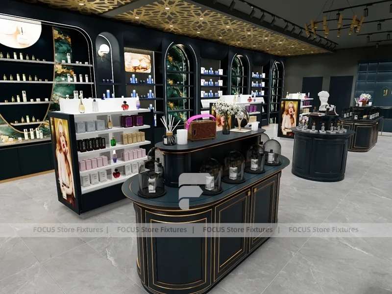 Dark Luxury Perfume Wall Display With Gold Ceiling Lattice