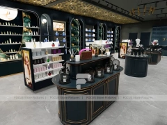 Dark Luxury Perfume Wall Display With Gold Ceiling Lattice