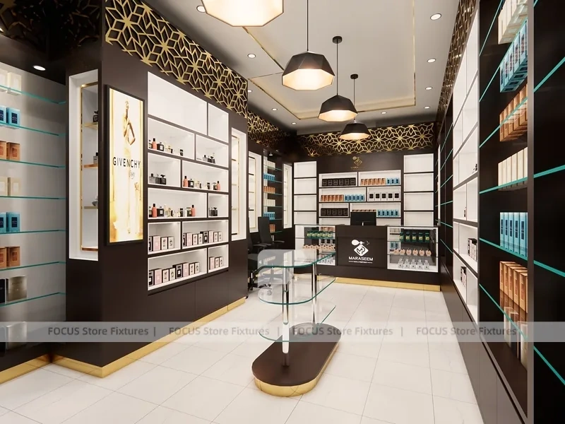 Dark Perfume Boutique With Pendant Lighting And Gold Lattice