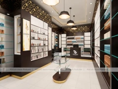 Dark Perfume Boutique With Pendant Lighting And Gold Lattice