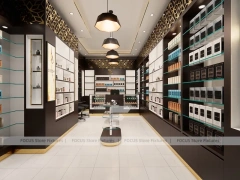 Dark Perfume Boutique With Pendant Lighting And Gold Lattice