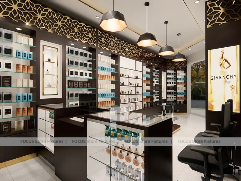 Dark Perfume Boutique With Pendant Lighting And Gold Lattice