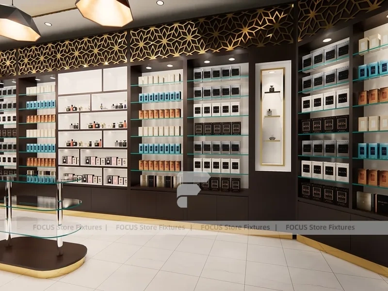 Dark Perfume Boutique With Pendant Lighting And Gold Lattice