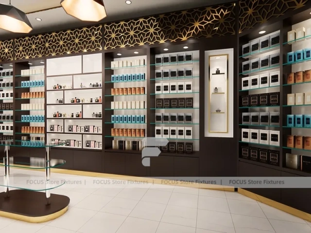 Dark Perfume Boutique With Pendant Lighting And Gold Lattice