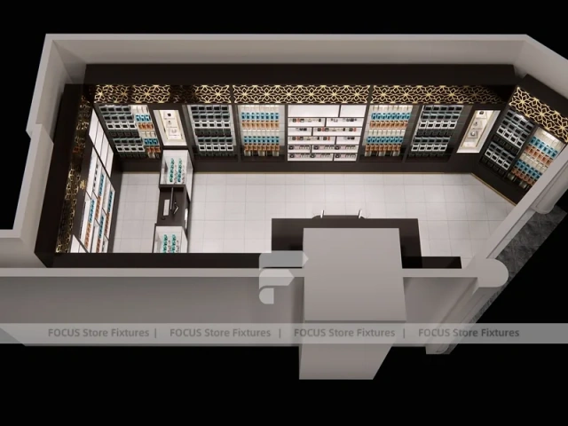 Dark Perfume Boutique With Pendant Lighting And Gold Lattice
