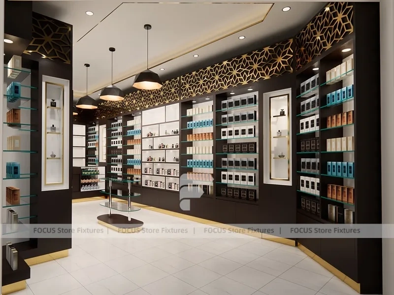 Dark Perfume Boutique With Pendant Lighting And Gold Lattice