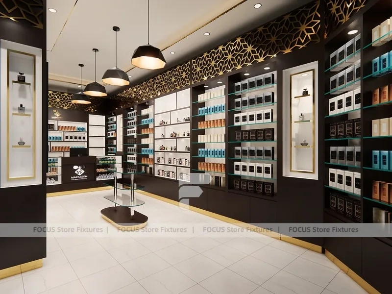Dark Perfume Wall Display With Pendant Lighting